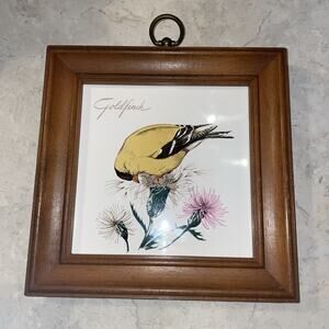 Vtg Wall Hanging Hand Decorated Ceramic Tile Framed Goldfinch Bird R Howard Sign